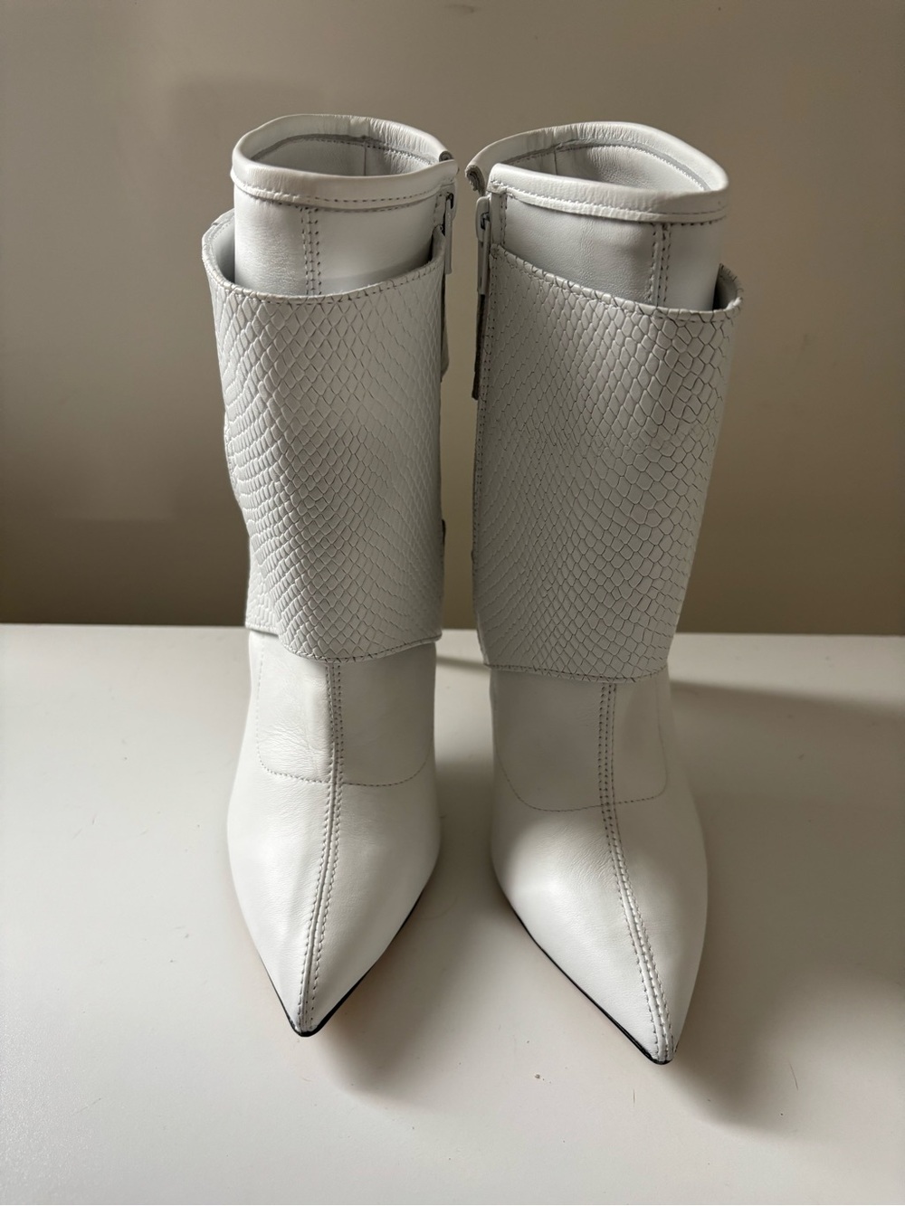 White Pointed Leather Mid-Calf Booties with Textured Panel